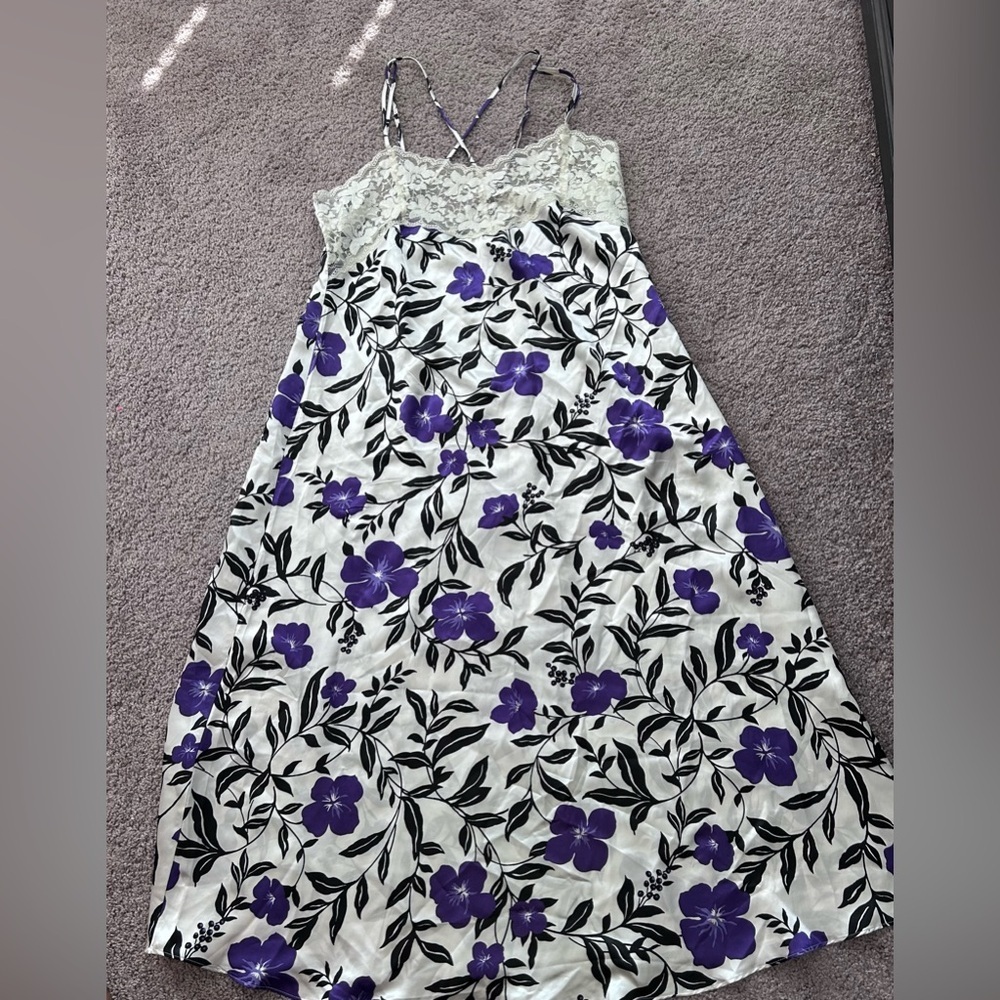 Amoureuse Purple, Black & Cream Long Night Gown Lace & Adjustable Straps
Size M